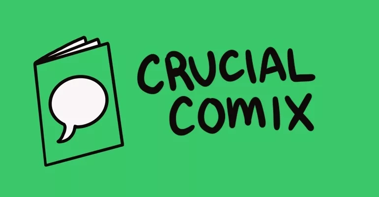 Crucial Comix logo on a green background