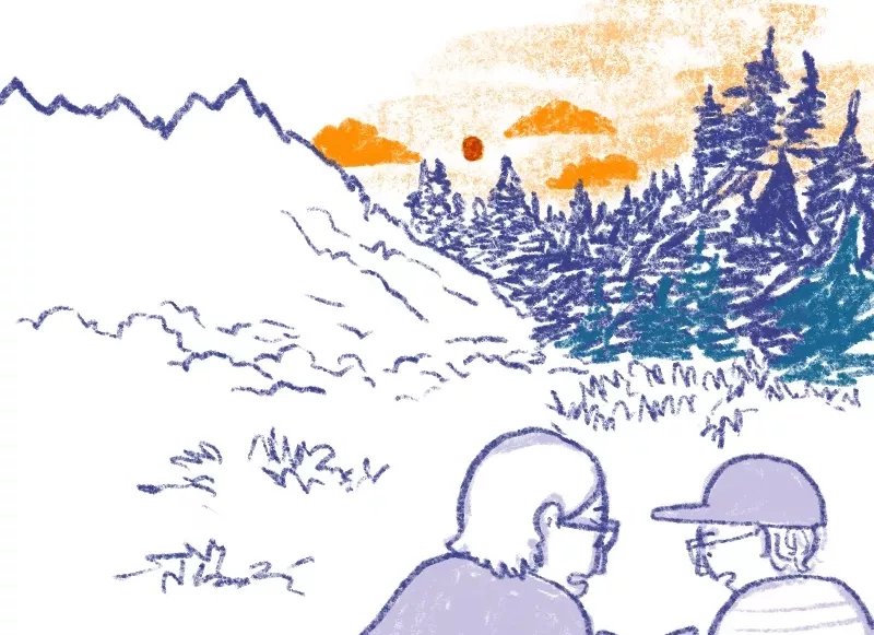 Two friends talk in an anxious way against a background of sunrise over a forest fire.