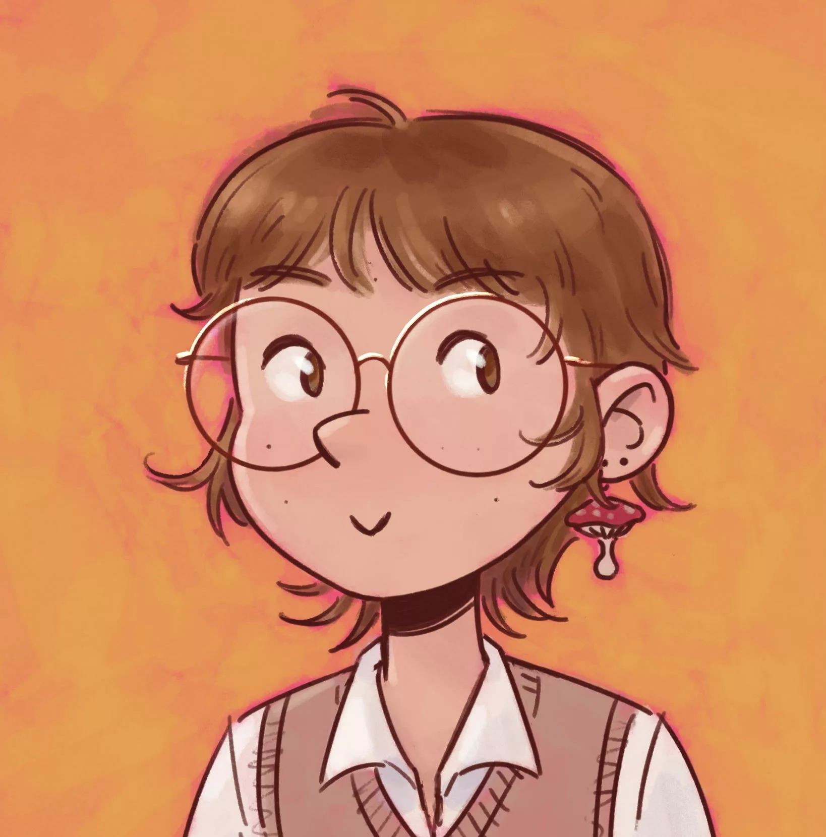 Illustration of Megan K Barry looking up mischievously with a small smile. Megan has short light brown hair, and light skin. Megan wears large circular glasses, a brown sweater vest with a white shirt, and a mushroom earring, against a warm sunset-orange background.