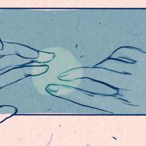 Two hands reach across a blue and pink panel to touch.