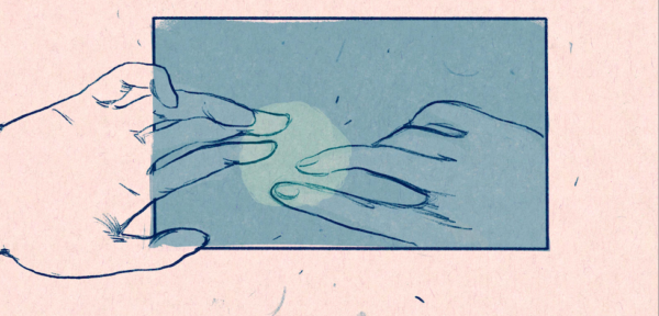 Two hands reach across a blue and pink panel to touch.