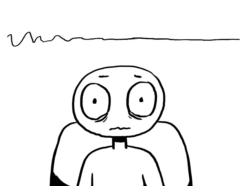 a black and white drawing of a person looking anxious, with a small scribble over their head