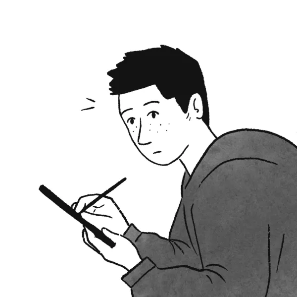 Line drawing of Al Benbow, a person with short, dark hair and a large grey hoodie drawing on a tablet. They look up towards the camera with a neutral expression, lines indicating surprise by their face.