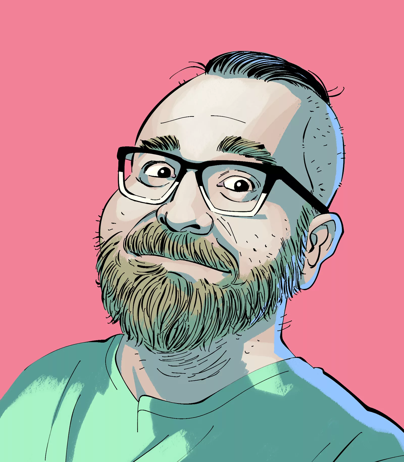 Drawing of Maki Naro, a person with light skin, short hair shaved at the sides, a beard, and glasses. He wears a seafoam green shirt against a bubblegum pink background. He looks down towards the viewer with wide eyes, his mouth a straight line that curves up at far edges.