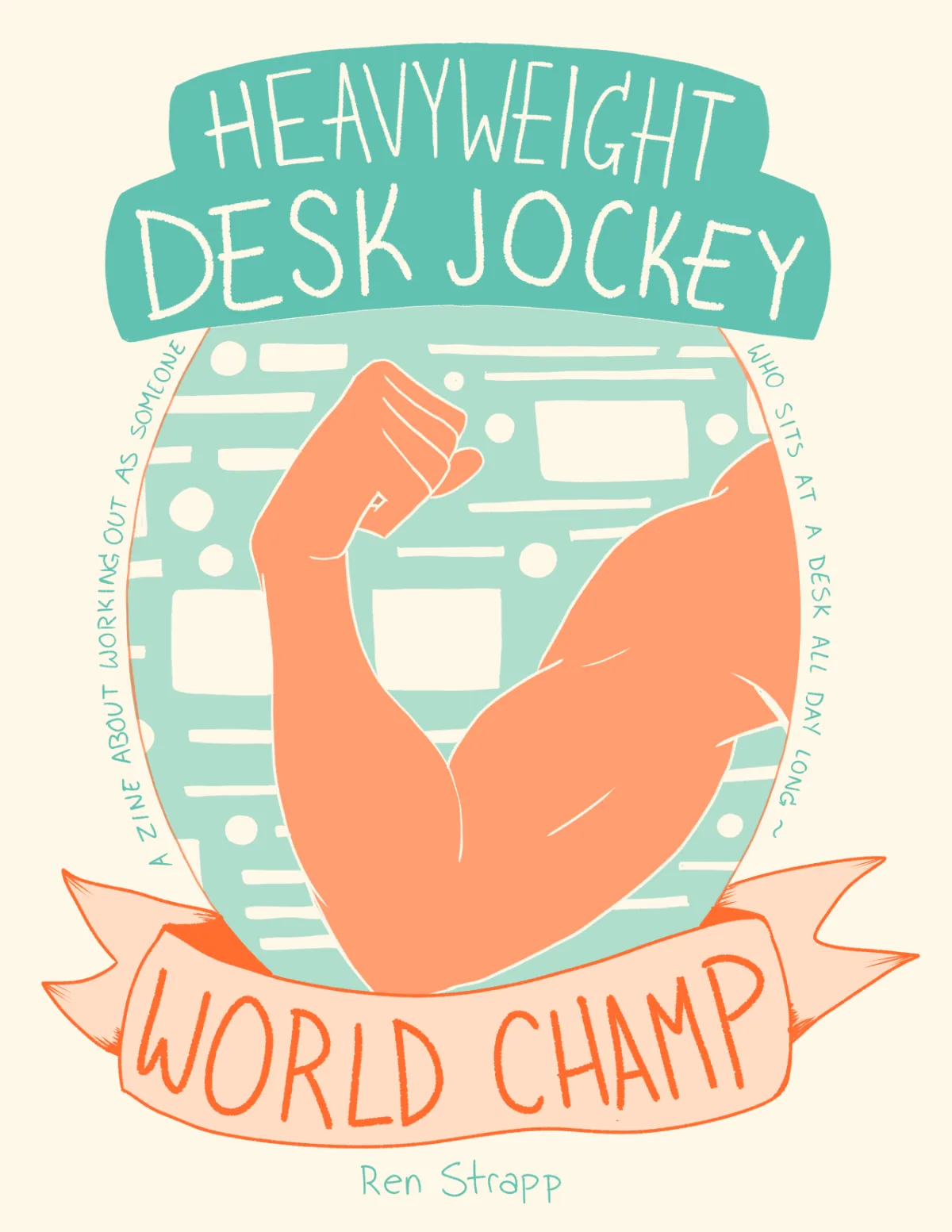 The cover for Heavyweight Desk Jockey World champ, in shades of blue and orange, features a person flexing their totally ripped bicep.