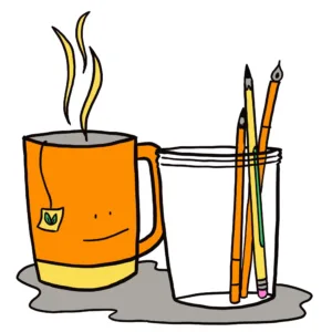 two mugs, one full of tea and one with pencils