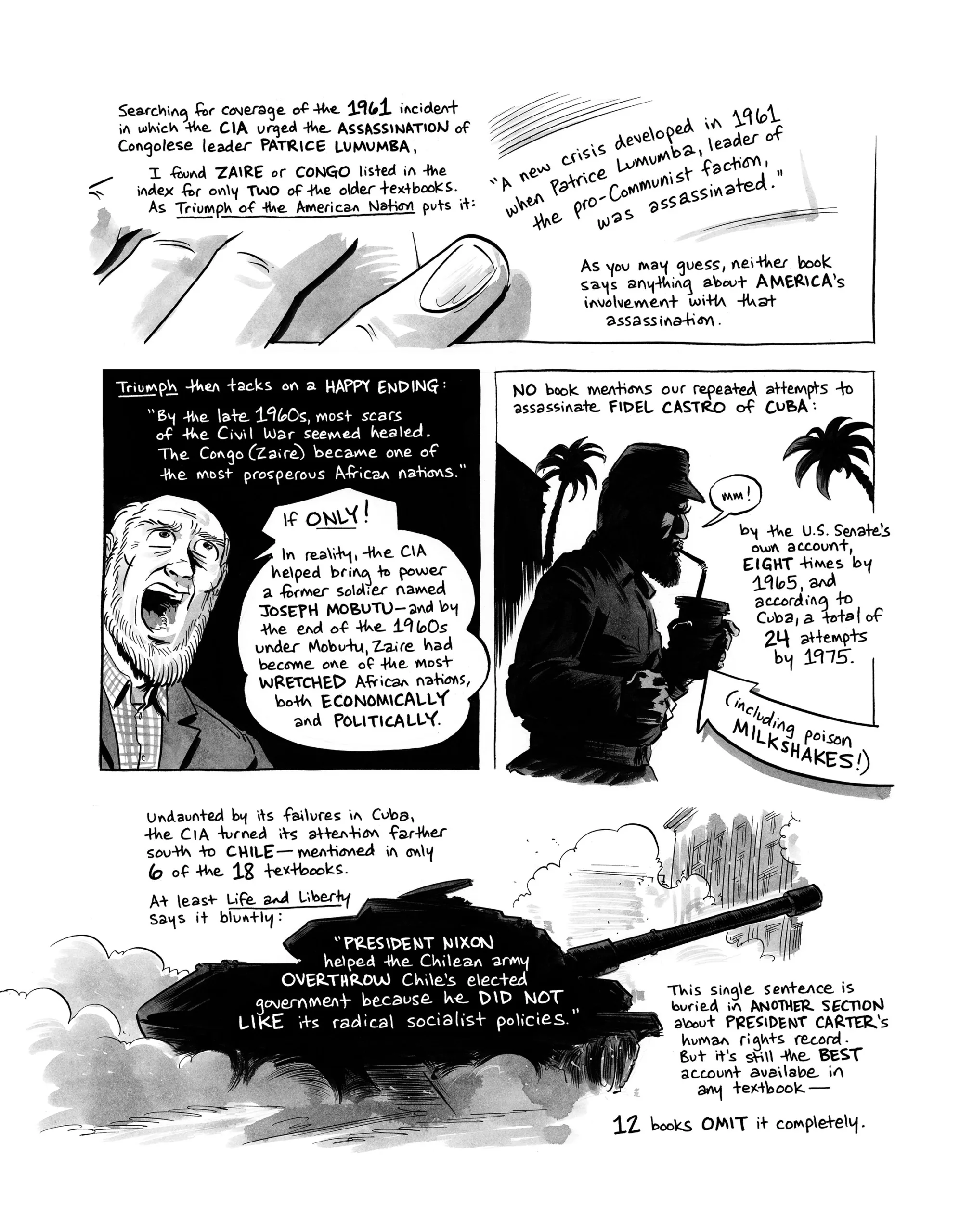 Searching for coverage of the 1961 incident in which the CIA urged the assassination of Congoese leader Patrice Lumumba, I only found Zaire or Congo listed in the index for 2 of the older textbooks. As Triumph of the American Nation puts it: “A new crisis developed in 1961 when Patrice Lumumba, leader of the pro-Communist faction, was assassinated.” As you may guess, neither book says anything about America’s involvement with that assassination. Triumph then tacks on a happy ending: “By the late 1960s, most scars of the civil war seemed healed. The Congo (Zaire) became one of the most prosperous African nations.” If only! In reality, the CIA helped bring to power a former soldier named Joseph Mobutu—and by the end of the 1960s under Mobutu had become one of the most wretched African nations, both economically and politically. No book mentions our repeated attempts to assassinate Fidel Castro of Cuba: by the U.S. Senate’s own account, 8 times by 1965, and according to Cuba, a total of 24 attempts by 1975. (including poison milkshakes!) Undaunted by its failures in Cuba, the CIA turned its attention farther south to Chile—only mentioned in 6 of the 18 textbooks. At least Life and Liberty says it bluntly: “President Nixon helped the Chilean Army overthrow Chile’s elected government because he did not like its radical socialist policies.” This single sentence is buried in another section about President Carter’s human rights record. But it’s still the best account available in any textbook. 12 books omit it completely.