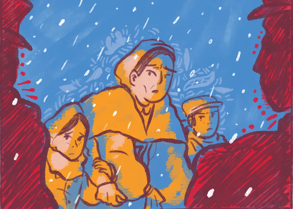 a Kalmyk mother and two children looking worried at two partially seen people in military uniform. It is snowing and the family is bundled up and carrying their belongings.