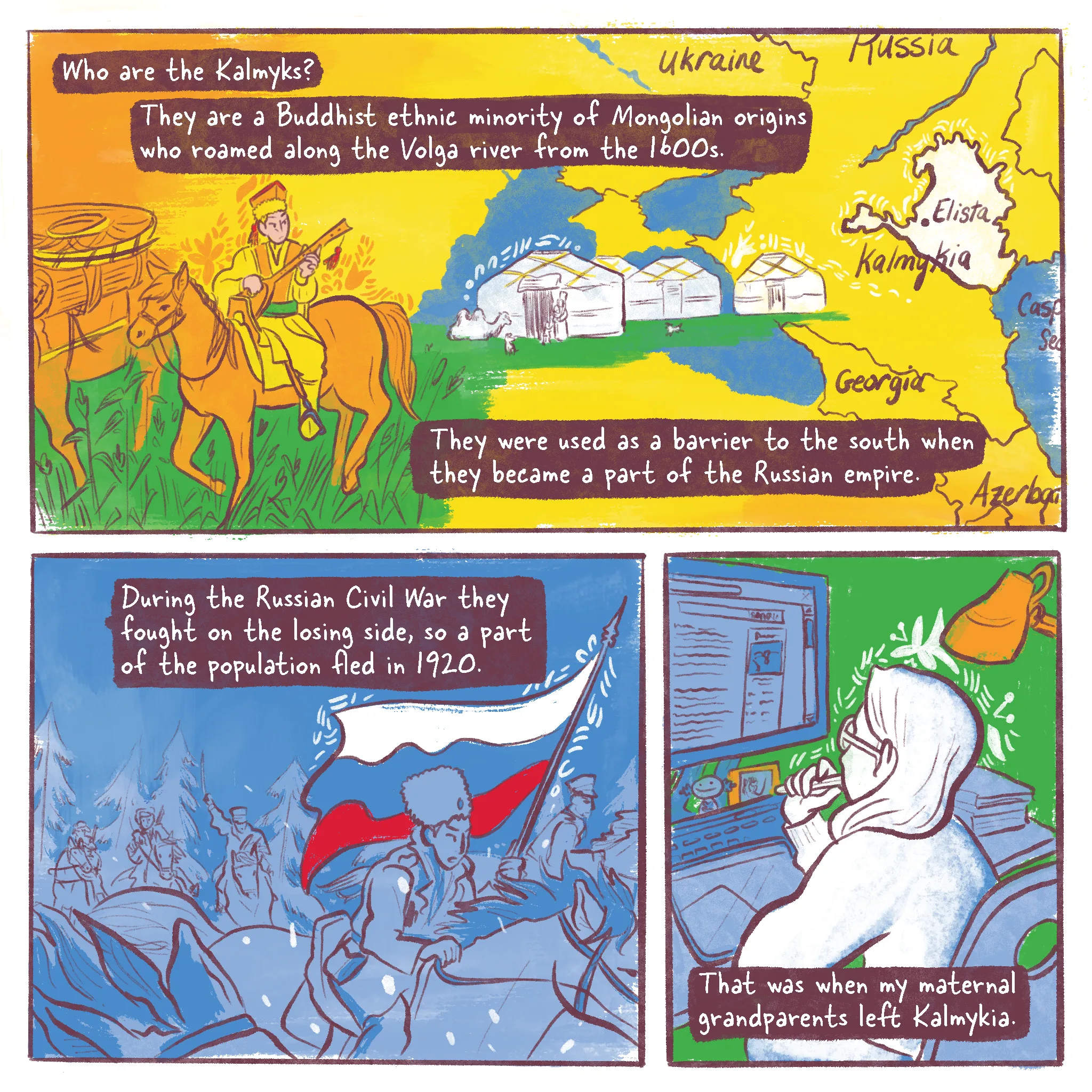 Page 2 of a 10 page history comic called Operation Ulusy. Panel 1 reads “Who are the Kalmyks? They are a Buddhist ethnic minority of Mongolian origins who roamed along the Volga river from the 1600s.They were used as a barrier to the south when they became a part of the Russian empire”. The wide panel has a map showing Kalmykia’s location between the Black Sea and the Caspian Sea in the southwestern steppes of Russia. A nomadic man in Kalmyk clothes – robes with a vest and an angular hat – rides a horse while tuning a dombra as a camel transports heavy items. Behind him is a set of white gers, tents often called yurts in English that are circular, made of felt walls with an open top in the middle. Panel 2 reads “During the Russian Civil War they fought on the losing side, so a part of the population fled in 1920” and depicts horseback fighting in the snow. Panel 3 reads “That was when my maternal grandparents left Kalmykia”. The narrator in the year 2024 is reading the Wikipedia entry for The Deportation of Kalmyks.