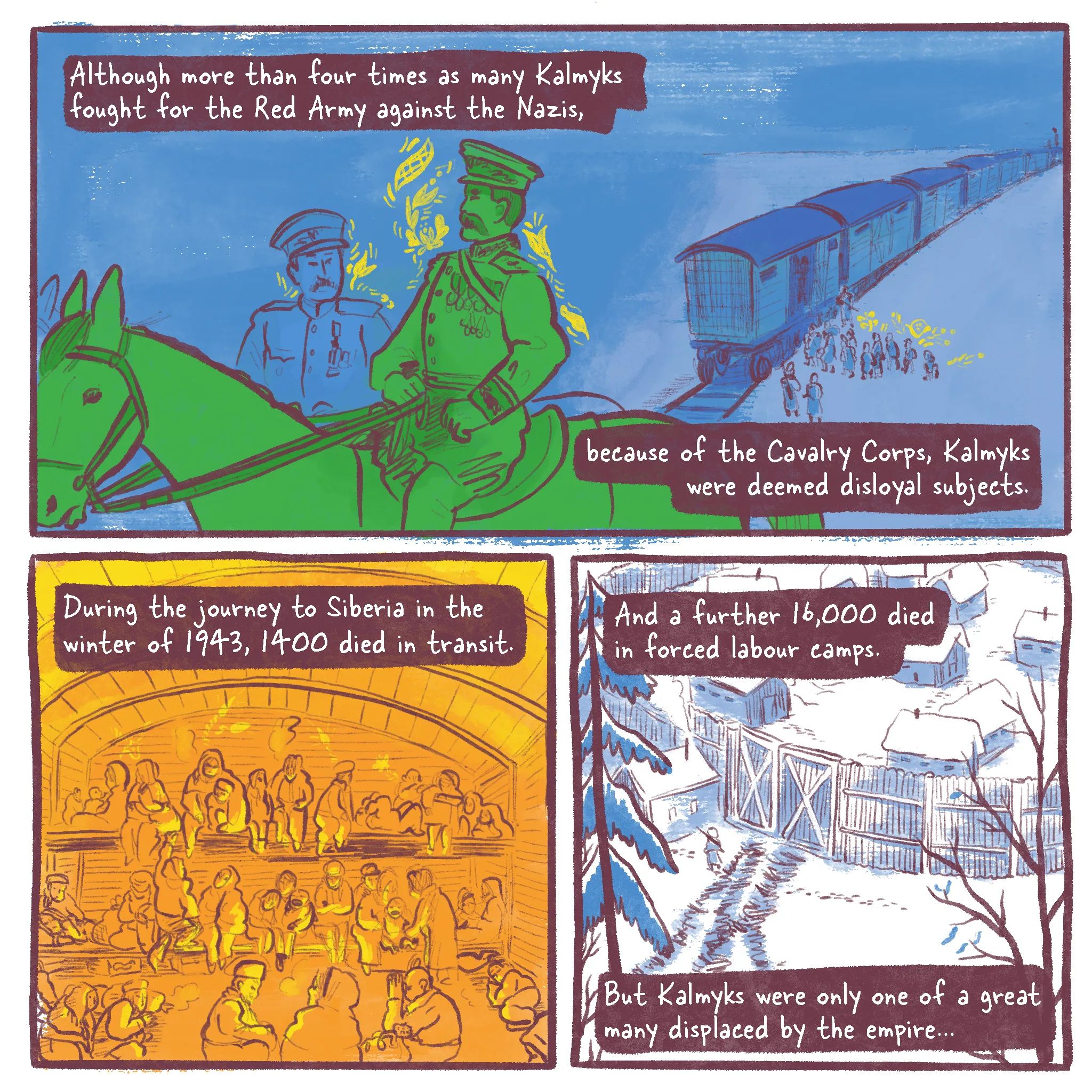 Page 5 of a 10 page history comic called Operation Ulusy. Panel 1 reads “Although more than four times as many Kalmyks fought for the Red Army against the Nazis, because of the Cavalry Corps, Kalmyks were deemed disloyal subjects.” This panel depicts General Oka Gorodovikov of the Red Army Cavalry, who in World War II defended Russia in the Battle of Stalingrad. Behind him the cattle cars he helped organise send the population of Kalmykia to the gulag. Panel 2 reads “During the journey to Siberia in the winter of 1943, 1400 died in transit.” In the inside of one of the cattle cars, people huddle together on the floor and on wooden shelves for warmth. Panel 3 reads “And a further 16000 died in forced labour camps. But Kalmyks were only one of a great many displaced by the empire.” The walled camp in the cold is patrolled by a guard.