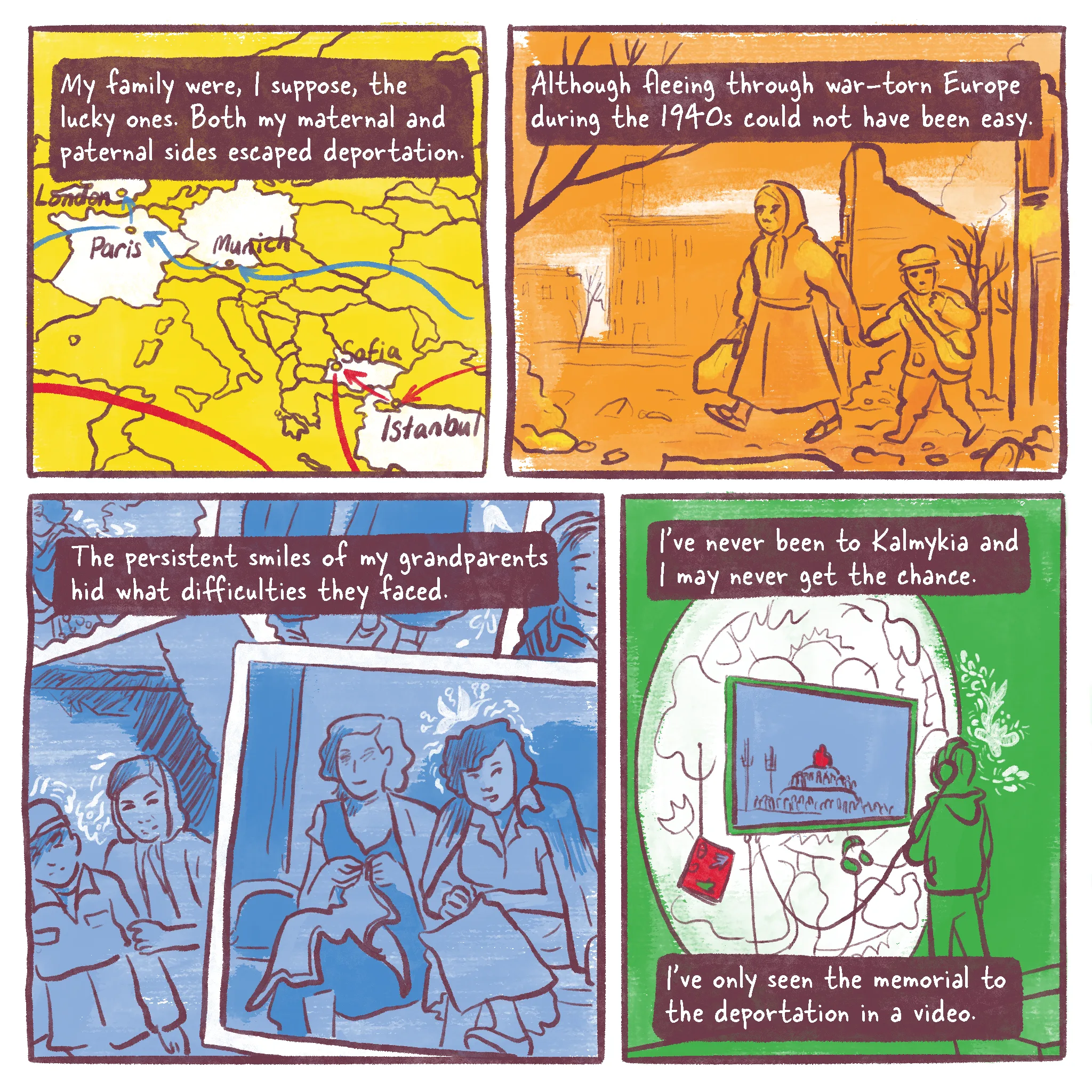 Page 8 of a 10 page history comic called Operation Ulusy. Panel 1 reads “My family were, I suppose, the lucky ones. Both my maternal and paternal sides escaped deportation.” A map shows the narrator’s family’s journey through Europe with their mother’s side going through Istanbul, Sofia, Beirut and off to the US and their father’s side going through Munich, Paris, London and the US. Panel 2 reads “Although fleeing through war-torn Europe during the 1940s could not have been easy.” Refugees in a bombed-out city carry their belongings across rubble. Panel 3 is a collection of photos of the narrator’s relatives. They smile and sew or stroll in the park or stand outside their small house. The caption reads “The persistent smiles of my grandparents hid what difficulties they faced.” Panel 4 reads “I've never been to Kalmykia and I may never get the chance. I've only seen the memorial to the deportation in video.” It depicts a video playing in the gallery Kunstraum Kreuzberg.