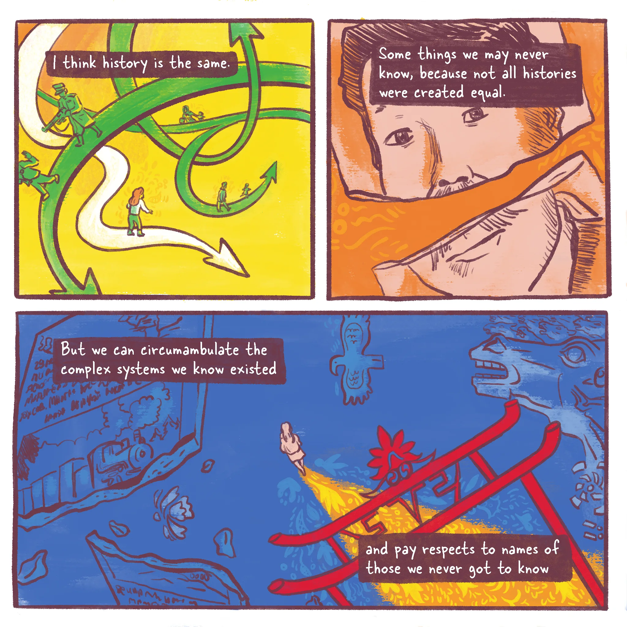 Page 10 of a 10 page history comic called Operation Ulusy. Panel 1 reads “I think history is the same.” A tangle of arrows intertwine and branch off as the narrator views ancestors who came before in their different timelines. Panel 2 reads “Some things we may never know, because not all histories were created equal.” A ripped apart photo of an old-fashioned Kalmyk man- the narrator’s great grandfather who was taken away by the Stasi. Panel 3 reads “But we can circumambulate the complex systems we know existed. And pay respect to those who came before and those we never got to know.” The narrator walks out under a red Buddhist gate, a trail of embroidery motif behind her. The horse side of “Exodus and Return” cries out as if in fear, an iconic bird from the epic Jangar flies above and a memorial to the train deportation of Kalmyks is smashed apart as the real life memorial in Russia was destroyed only two days after its unveiling in 2023.