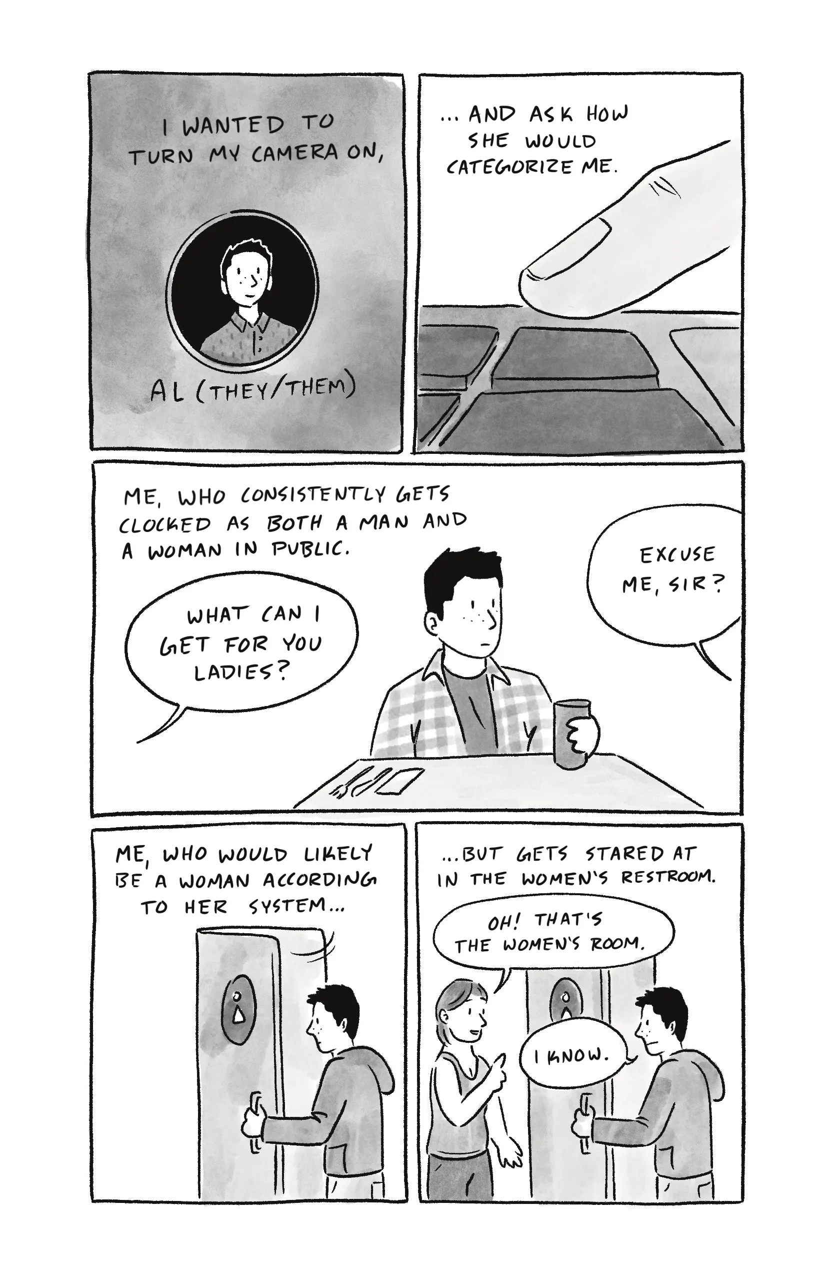 Page 2 of a 6 page comic. Panel 1 shows a teams profile with a picture of a person with light skin and dark hair wearing a dress shirt. Below the picture, their name reads “Al (they/them).” A caption reads, “I wanted to turn my camera on,” Panel 2 finishes the caption: “…and ask how she would categorize me.” Below is a drawing of a finger hovering over a keyboard. Panel 3 opens with the caption, “Me, who consistently gets clocked as both a man and a woman by strangers in public.” Below is a drawing of Al sitting at a restaurant table. Separate speech bubbles from off-panel say, “What can I get for you ladies?” and “Excuse me, sir?” Panel 4 opens with the caption, “Me, who would probably be a woman according to her system…” Below is a drawing of Al opening the door to a public restroom marked with a pictogram of a woman. Panel 5 opens with the caption, “…but gets stared at in the women’s restroom.” Below, Al is still holding the door open. A woman enters from the left and smiles, saying, “Oh! That’s the women’s room.” Al replies, “I know.”