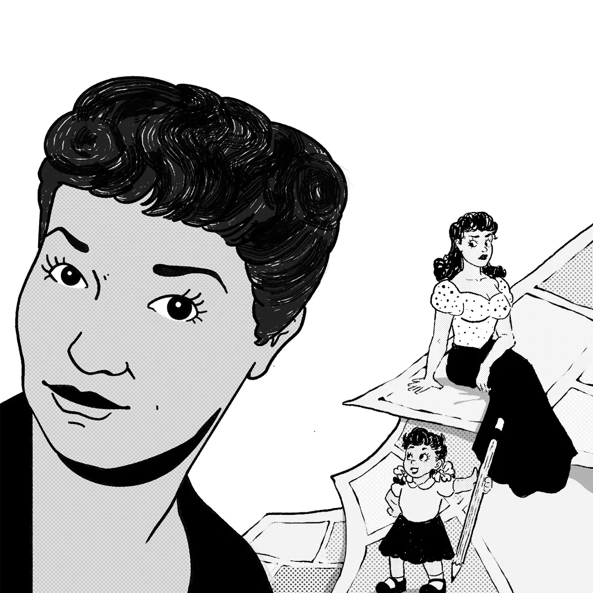 Jackie Ormes, drawn in black and white, has short hair and looks at the reader.