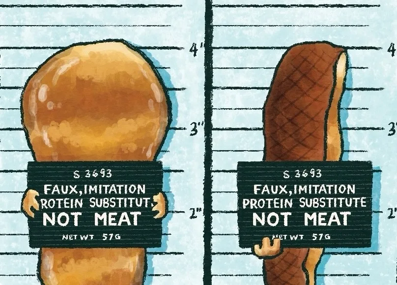 An illustration of a veggie chicken tender in a police mugshot (front view on the left, profile view on the right). A height measure in the back shows the tender stands about 4” tall. The tender is holding a black sign that reads: “S. 3693, FAUX, IMITATION PROTEIN SUBSTITUTE, NOT MEAT, net wt 57g.”