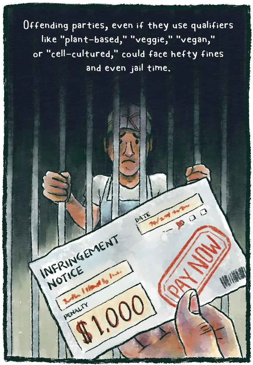 Panel 2 depicts a person dressed like a food vendor (apron, small vendor hat) behind prison bars, with a sad look on their face. In the foreground is a hand holding a piece of paper labeled “INFRINGEMENT NOTICE” with a red “PAY NOW” stamped on the bottom right corner, and a penalty of $1,000 printed on the left corner. The caption at the top reads, “Offending parties, even if they use qualifiers like "plant-based," "veggie," "vegan," or "cell-cultured," could face hefty fines and even jail time.”