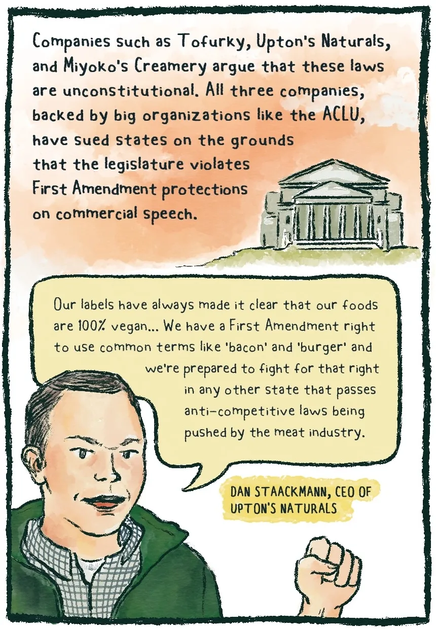 Panel 5 has the following text next to a courthouse in the background, set against a peachy sky: “Plant-based companies such as Turtle Island Foods (aka Tofurky), Upton's Naturals, and Miyoko's Creamery argue that, besides being absurd, these laws are unconstitutional. All three companies, backed by big organizations like the ACLU, have sued states on the grounds that the legislature violates First Amendment protections on commercial speech.” In the foreground is a middle-age man in the foreground wearing a collared shirt and green sweater, with a determined look on his face and his hand held up in a fist, palms facing out towards the reader. He has a speech bubble that reads, “Our labels have always made it clear that our foods are 100% vegan... We have a First Amendment right to use common terms like 'bacon' and 'burger' and we're prepared to fight for that right in any other state that passes anti-competitive laws being pushed by the meat industry.” Underneath is a caption that identifies him as Dan Staackmann, CEO of Upton’s Naturals.