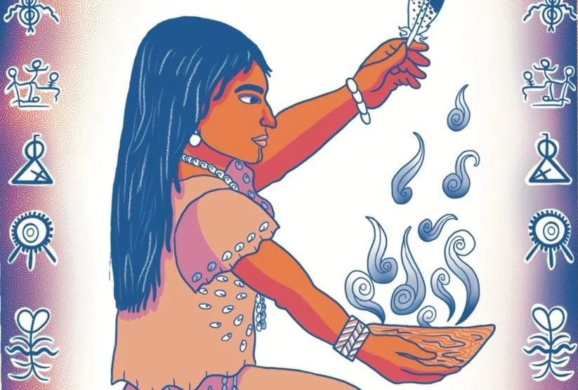 An indigenous Tongva woman dressed in traditional regalia, Buckskin shirt and dress with white shells and beading. The figure has orange skin, long blue hair, traditional California Indian chin tattoo, and is holding a blue and white speckled feather in her left hand and a wooden bowl with smoke floating out of it in her right hand.