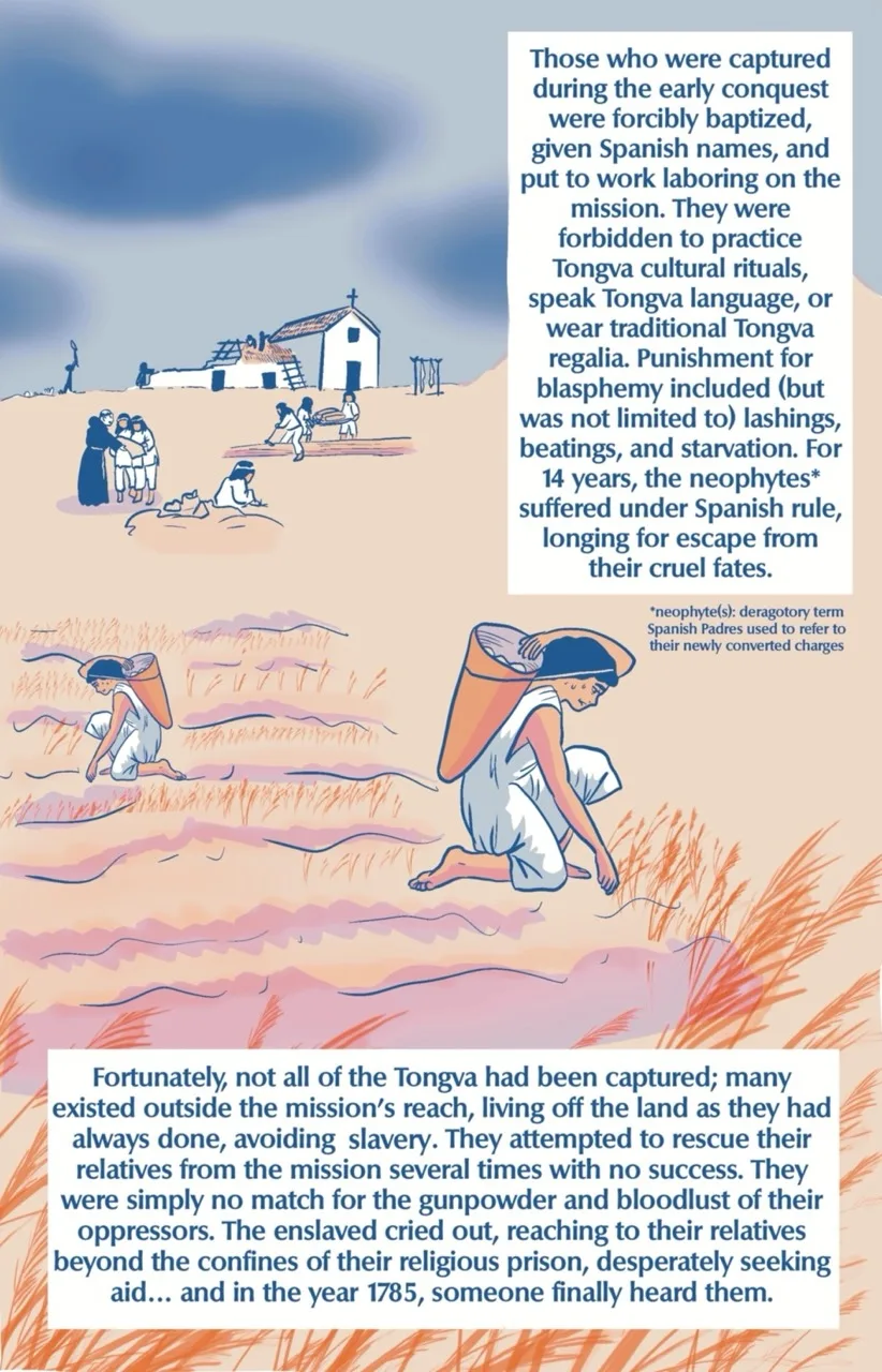 Page 3 of the 7 page comic. Enslaved indigenous people build a mission, working the land and gathering around a priest who is giving them orders. Two women kneel in a field, picking wheat and putting them into woven baskets on their backs. Two large text boxes read, “Those who were captured during the early Conquest were forcibly baptized, given Spanish names, and put to work laboring on the mission. They were forbidden to practice Tongva cultural rituals, speak Tongva language, or wear traditional Tongva regalia. Punishment for blasphemy included but was not limited to lashings, beatings, and starvation. For 14 years, the neophytes suffered under Spanish rule, longing for escape from their cruel fates.” A footnote beneath this box of text says, “Neophytes: a derogatory term Spanish Padres used to refer to their newly converted charges.” The second text box at the bottom of the page reads, “Fortunately, not all of the Tongva had been captured; many existed outside the mission's reach, living off the land as they had always done, avoiding slavery. They attempted to rescue their relatives from the mission several times with no success. They were simply no match for the gunpowder and bloodlust of their oppressors. The enslaved cried out, reaching to their relatives beyond the confines of their religious prison, desperately seeking aid… and in the year 1785, someone finally heard them.”