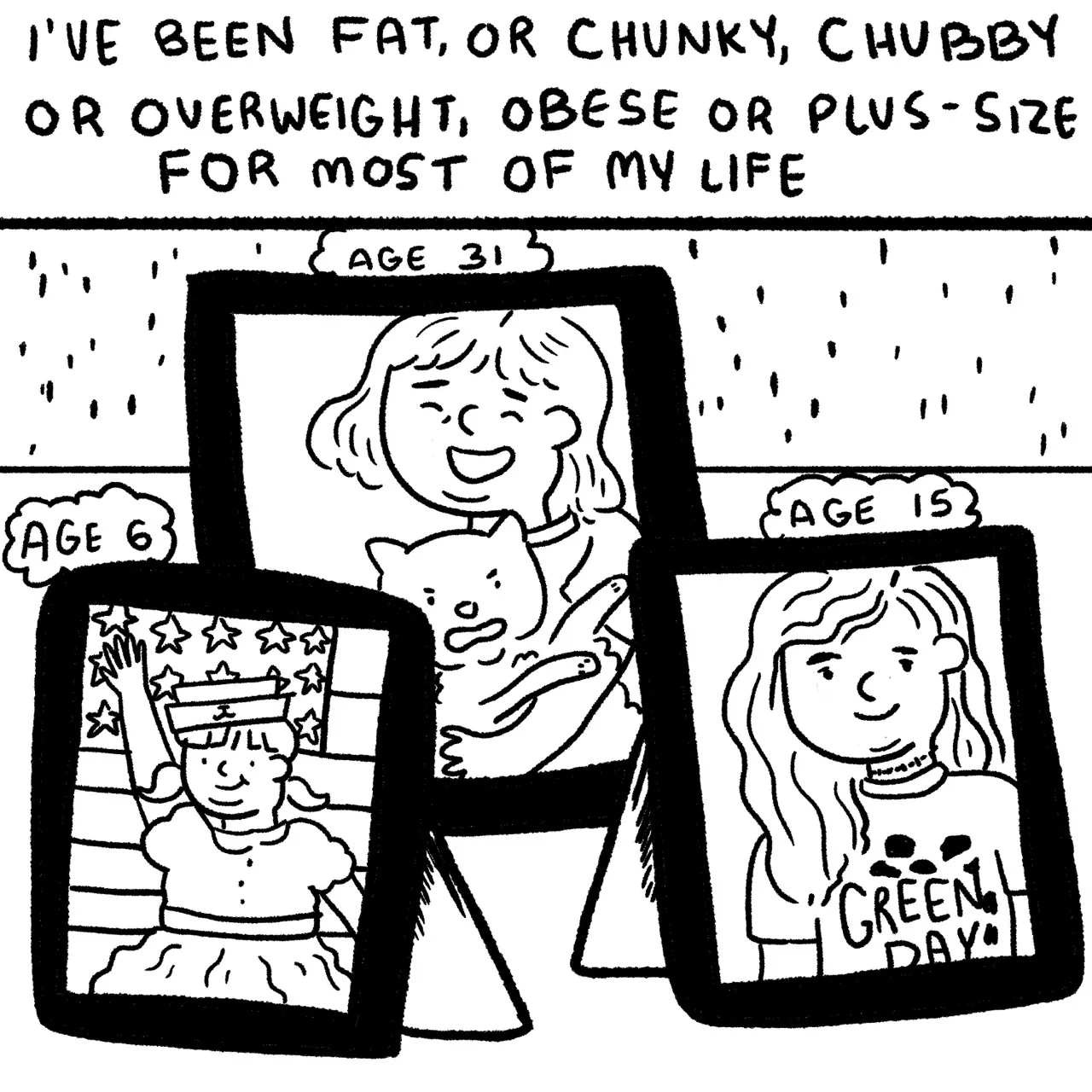 Panel 1 of a 26-panel black and white comic. Portraits of a woman in picture frames at ages 6, 15 and 31. Narrative text reads, “I’ve been fat or overweight for most of my life.”