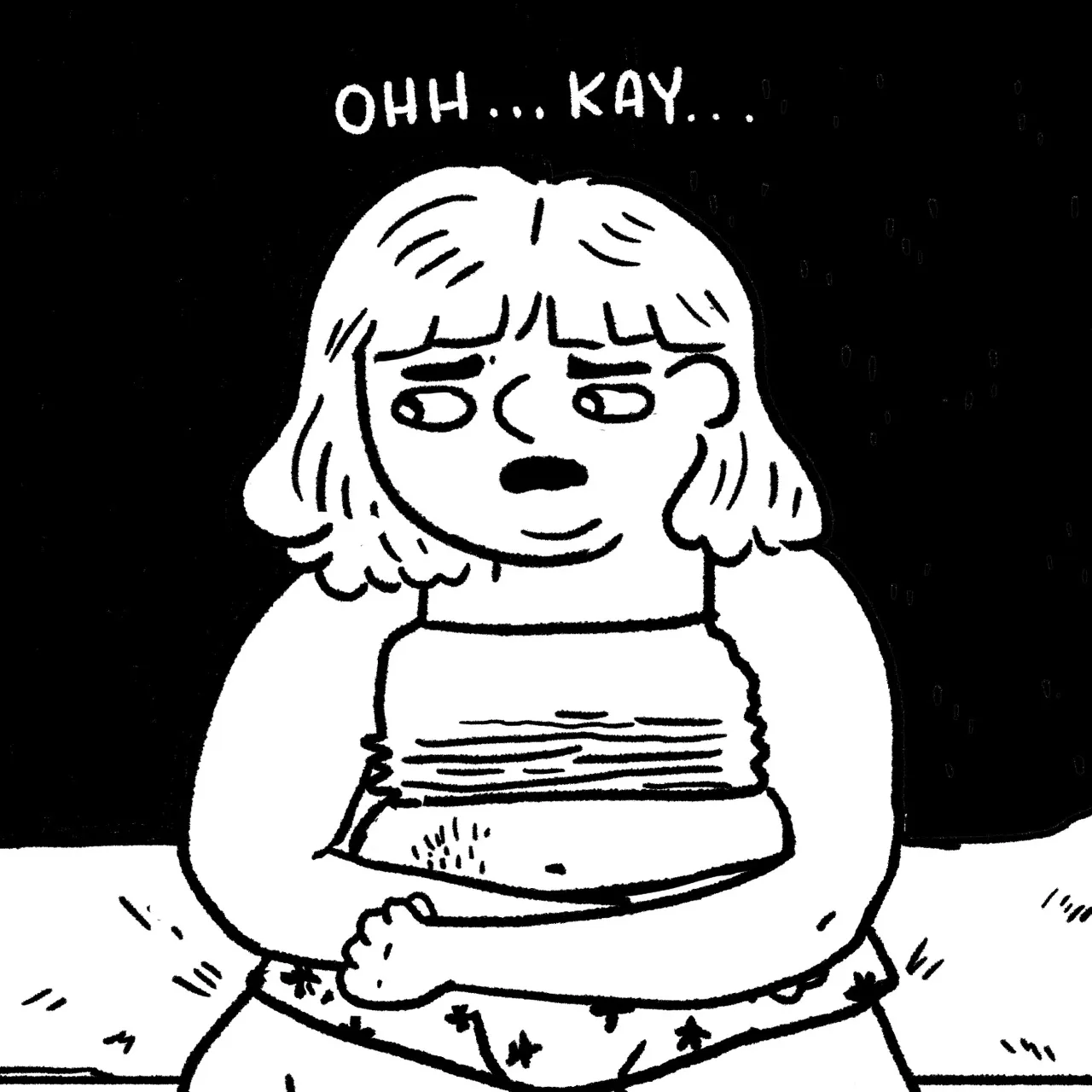 Panel 16, a child looking sad and insecure, wearing an undershirt and underpants and sitting on an exam table saying, “Ohh…Kay”