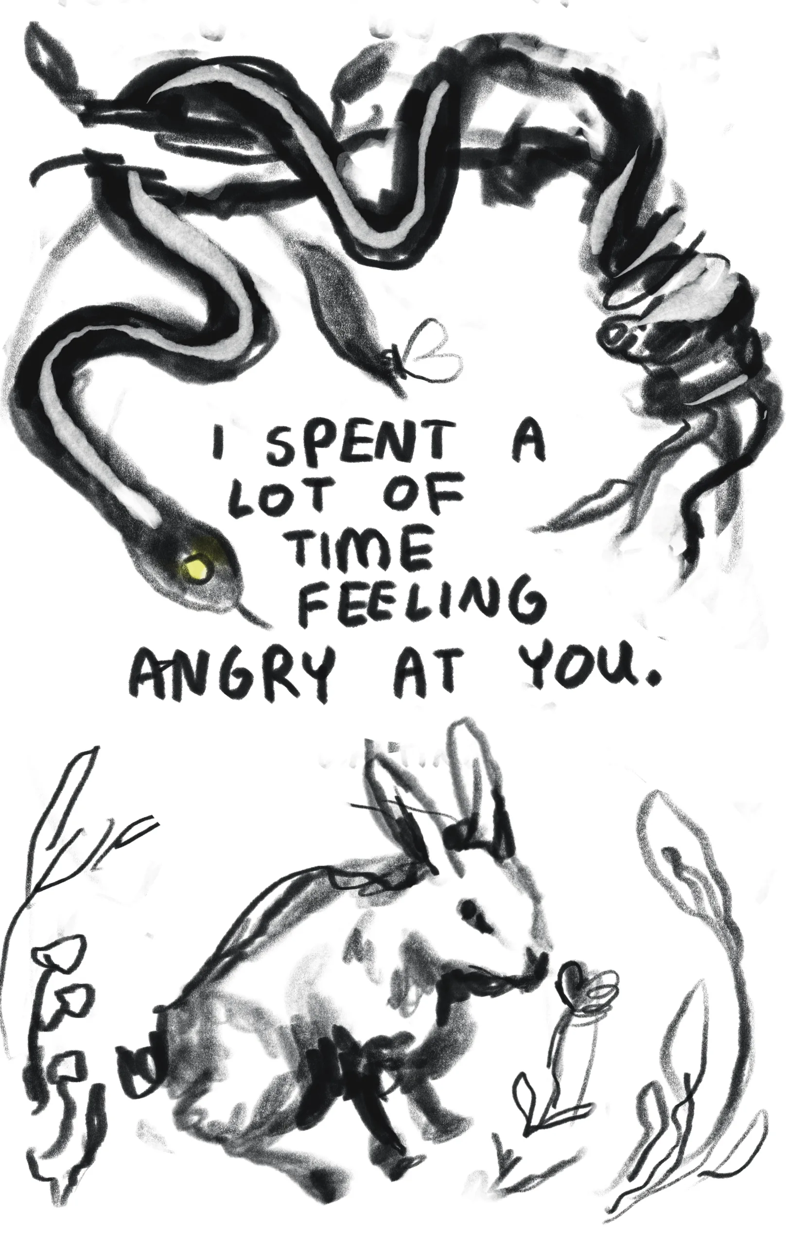 This comic is drawn in a loose style, with blank ink and lime green spot color. A snake curls around a branch, looking at a rabbit. Text says: I spent a kong time feeling angry at you.