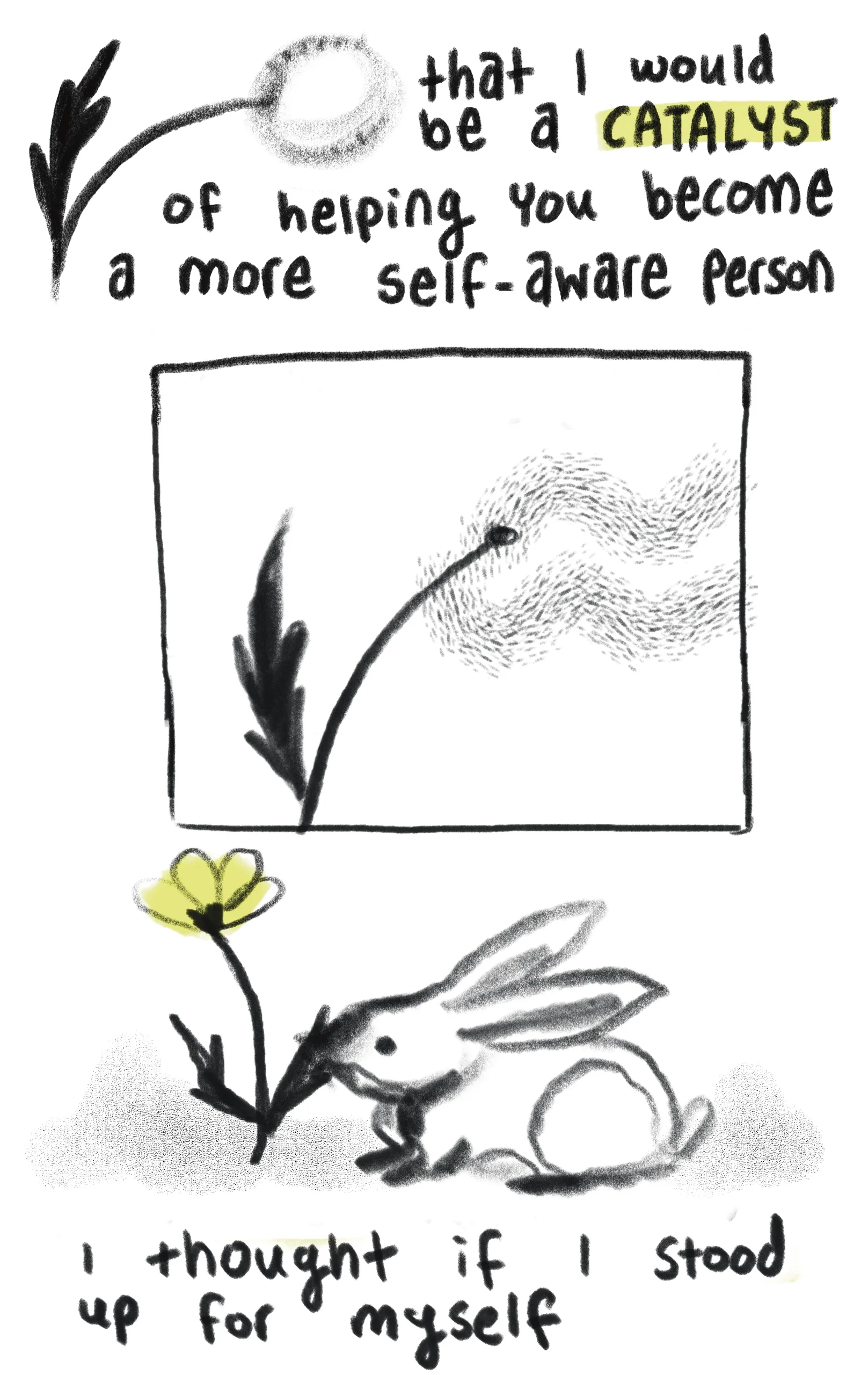 Seeds of dandelions blow in the wind. The rabbit comes to take a nibble. Text: That I would be a catalyst for making you become a more self-aware person. I thought if I stood up for myself.