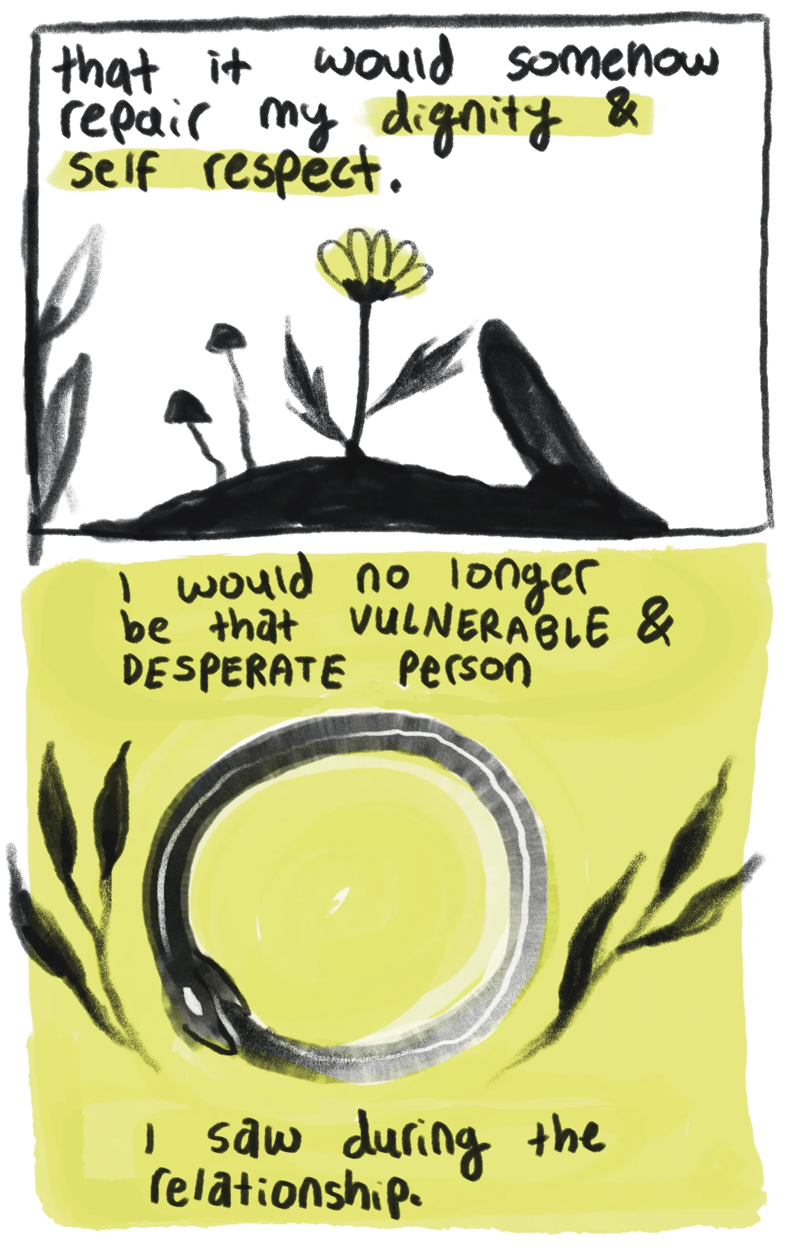 Flowers grow and the snake eats his own tail. Text: that it would somehow repair my dignity and self-respect. I would no longer be the desperate and vulnerable person I saw during that relationship.